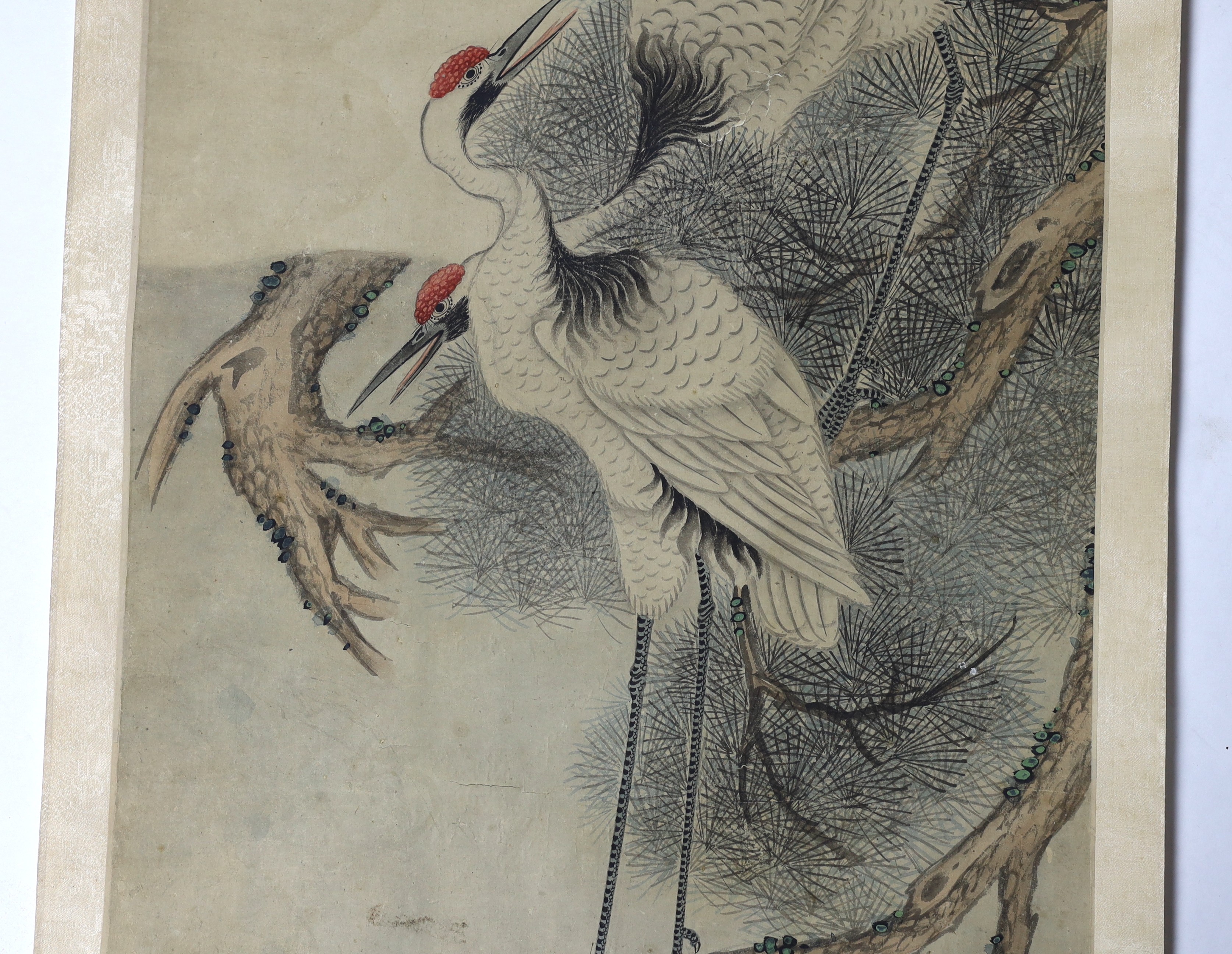 A Chinese scroll painting on paper of cranes perched in a pine tree, 19th century, image 163.5cm x 44cm